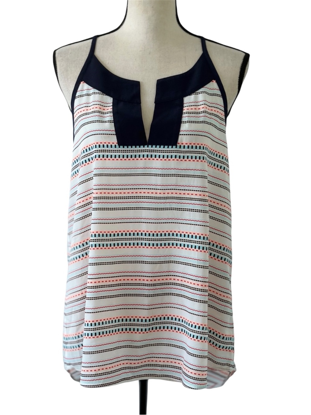 Athleta Striped Racerback Tie Neck Tank Top Navy Coral Aqua Size Large